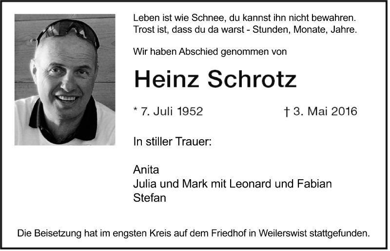  Traueranzeige für Heinz Schrotz vom 18.05.2016 aus  Schlossbote/Werbekurier 