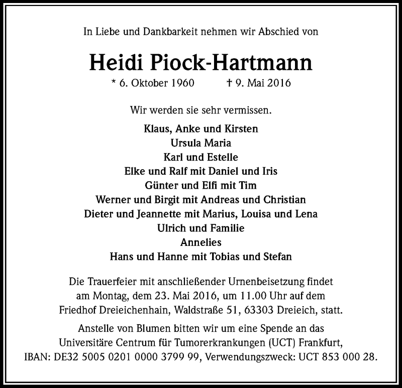  Traueranzeige für Heidi Piock-Hartmann vom 19.05.2016 aus Kölner Stadt-Anzeiger / Kölnische Rundschau / Express