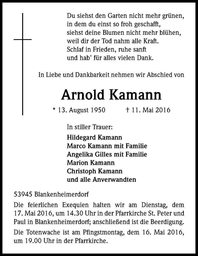  Traueranzeige für Arnold Kamann vom 13.05.2016 aus Kölner Stadt-Anzeiger / Kölnische Rundschau / Express