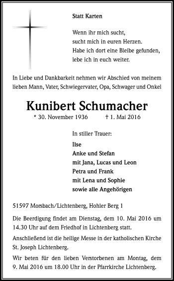 Anzeige von Kunibert Schumacher von Kölner Stadt-Anzeiger / Kölnische Rundschau / Express