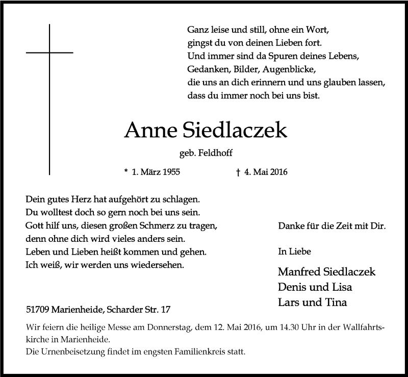  Traueranzeige für Anne Siedlaczek vom 09.05.2016 aus Kölner Stadt-Anzeiger / Kölnische Rundschau / Express