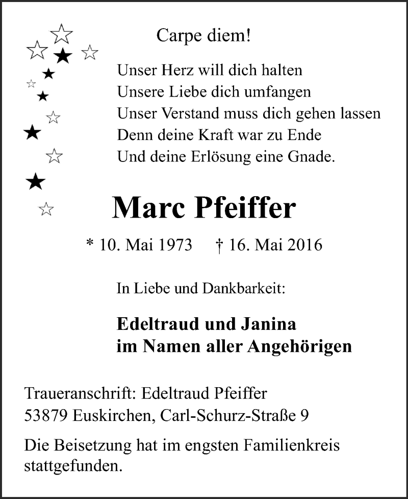  Traueranzeige für Marc Pfeiffer vom 28.05.2016 aus  Blickpunkt Euskirchen 