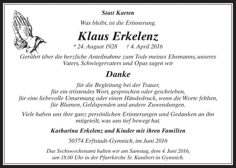  Traueranzeige für Klaus Erkelenz vom 01.06.2016 aus  Werbepost 