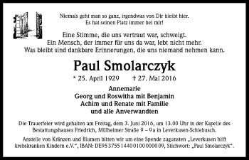Anzeige von Paul Smolarczyk von Kölner Stadt-Anzeiger / Kölnische Rundschau / Express