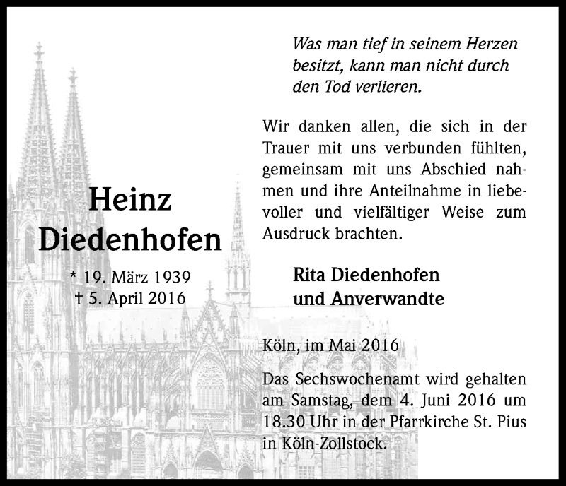  Traueranzeige für Heinz Diedenhofen vom 21.05.2016 aus Kölner Stadt-Anzeiger / Kölnische Rundschau / Express