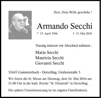 Anzeige von Armando Secchi von Kölner Stadt-Anzeiger / Kölnische Rundschau / Express