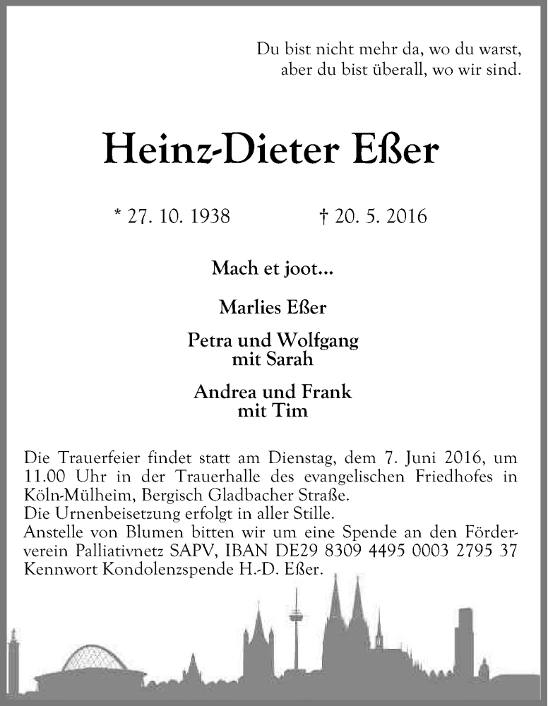  Traueranzeige für Heinz-Dieter Esser vom 28.05.2016 aus Kölner Stadt-Anzeiger / Kölnische Rundschau / Express