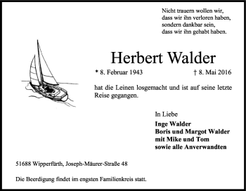 Anzeige von Herbert Walder von Kölner Stadt-Anzeiger / Kölnische Rundschau / Express