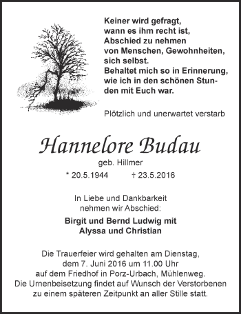 Anzeige von Hannelore Budau von  Kölner Wochenspiegel 