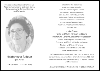 Anzeige von Heidemarie Schaar von Kölner Stadt-Anzeiger / Kölnische Rundschau / Express