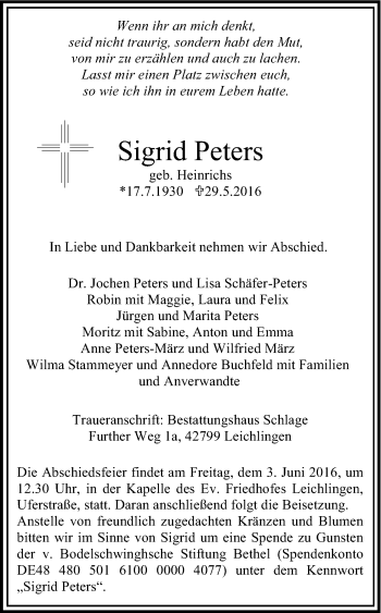 Anzeige von Sigrid Peters von Kölner Stadt-Anzeiger / Kölnische Rundschau / Express