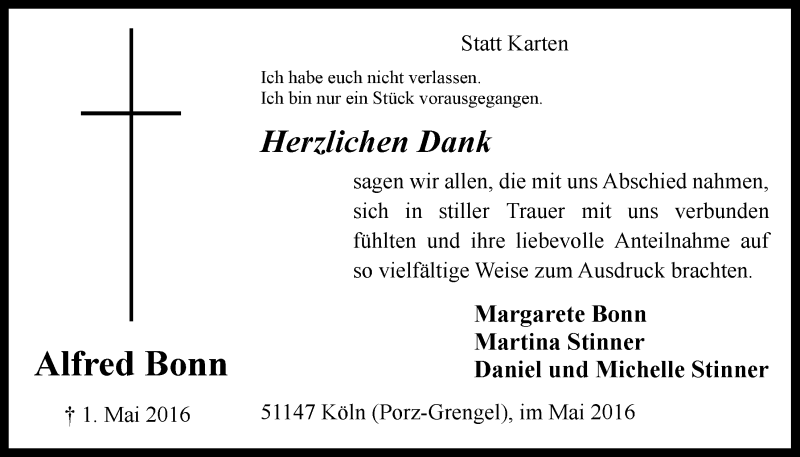  Traueranzeige für Alfred Bonn vom 25.05.2016 aus  Kölner Wochenspiegel 