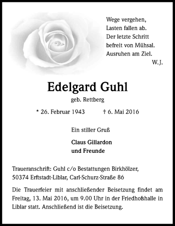 Anzeige von Edelgard Guhl von Kölner Stadt-Anzeiger / Kölnische Rundschau / Express