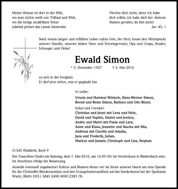 Anzeige von Ewald Simon von Kölner Stadt-Anzeiger / Kölnische Rundschau / Express