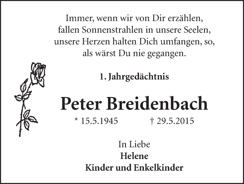  Traueranzeige für Peter Breidenbach vom 01.06.2016 aus  Schlossbote/Werbekurier 