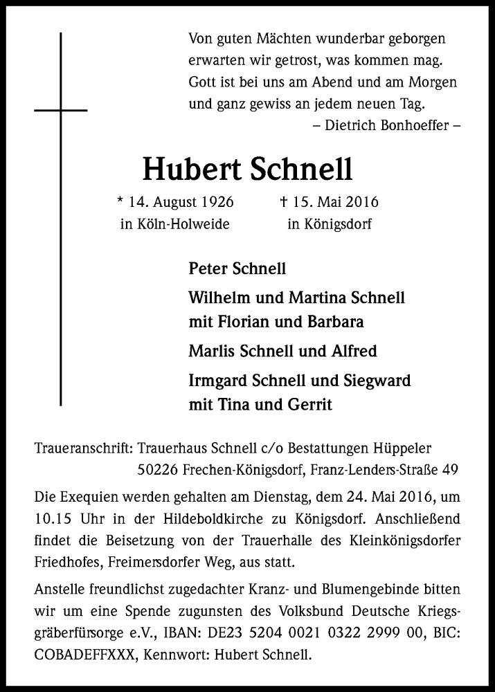  Traueranzeige für Hubert Schnell vom 21.05.2016 aus Kölner Stadt-Anzeiger / Kölnische Rundschau / Express