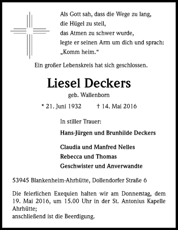 Anzeige von Liesel Deckers von Kölner Stadt-Anzeiger / Kölnische Rundschau / Express