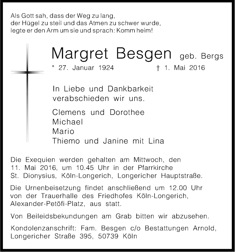  Traueranzeige für Margret Besgen vom 07.05.2016 aus Kölner Stadt-Anzeiger / Kölnische Rundschau / Express