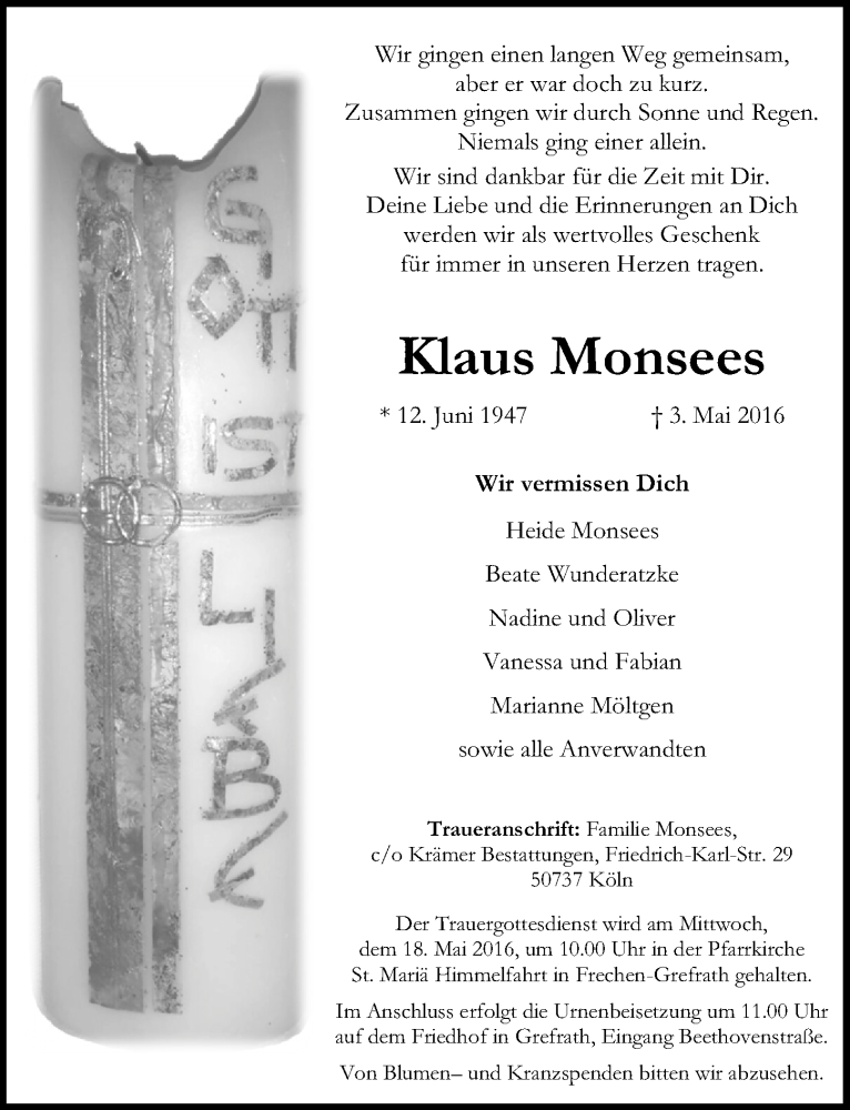  Traueranzeige für Klaus Monsees vom 11.05.2016 aus  Wochenende 