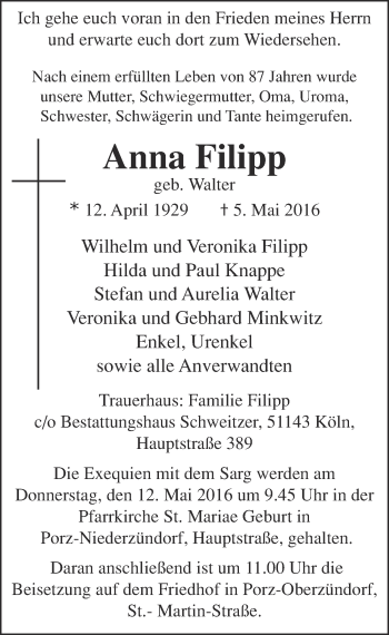 Anzeige von Anna Filipp von  Kölner Wochenspiegel 
