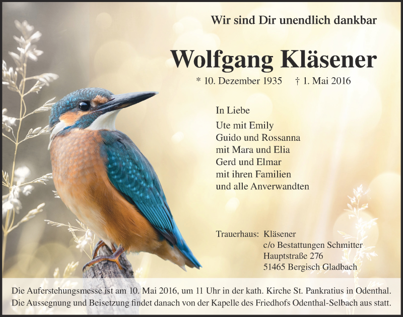 Traueranzeige für Wolfgang Kläsener vom 07.05.2016 aus  Bergisches Sonntagsblatt 