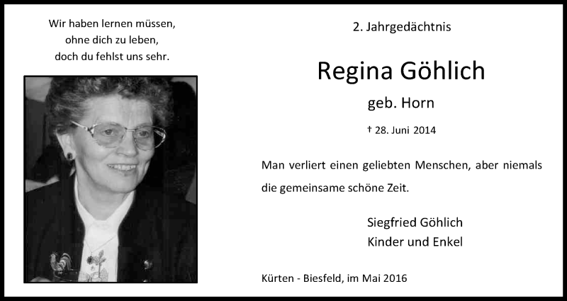  Traueranzeige für Regina Göhlich vom 28.05.2016 aus Kölner Stadt-Anzeiger / Kölnische Rundschau / Express