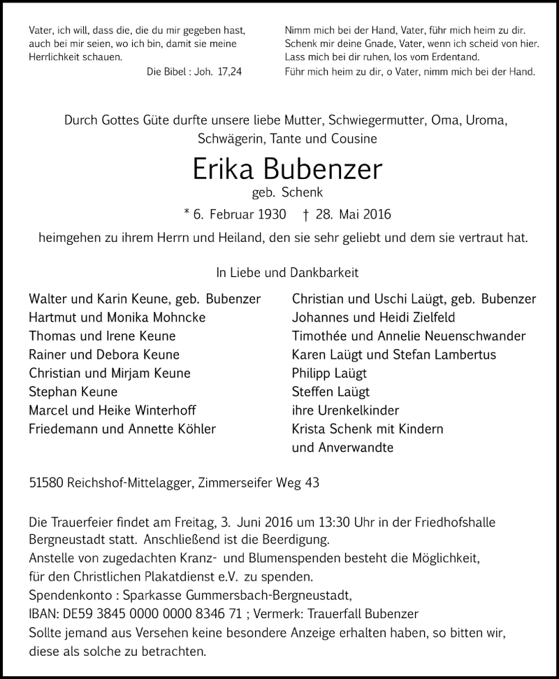  Traueranzeige für Erika Bubenzer vom 01.06.2016 aus  Anzeigen Echo 