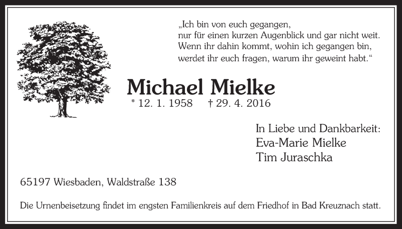  Traueranzeige für Michael Mielke vom 11.05.2016 aus  Schaufenster/Blickpunkt 