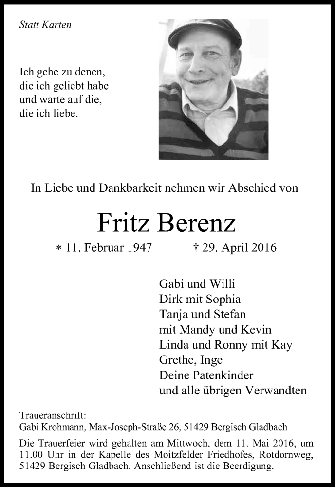  Traueranzeige für Fritz Berenz vom 07.05.2016 aus Kölner Stadt-Anzeiger / Kölnische Rundschau / Express