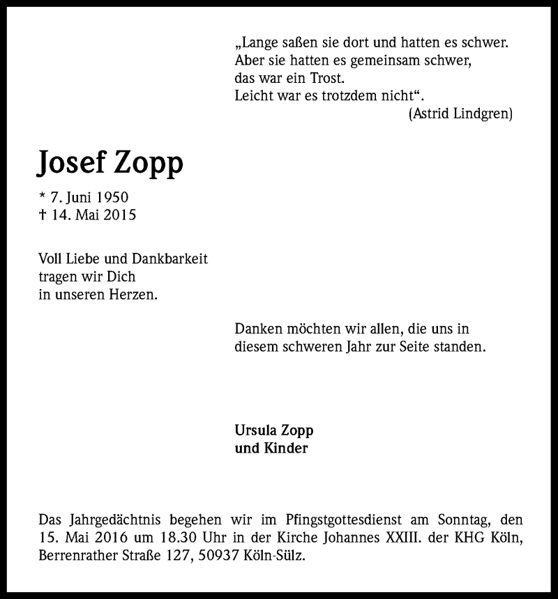  Traueranzeige für Josef Zopp vom 14.05.2016 aus Kölner Stadt-Anzeiger / Kölnische Rundschau / Express