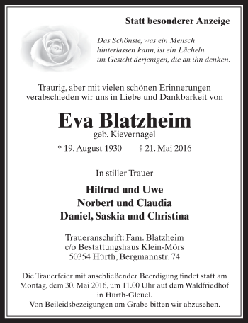 Anzeige von Eva Blatzheim von  Wochenende 