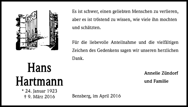  Traueranzeige für Hans Hartmann vom 30.04.2016 aus Kölner Stadt-Anzeiger / Kölnische Rundschau / Express