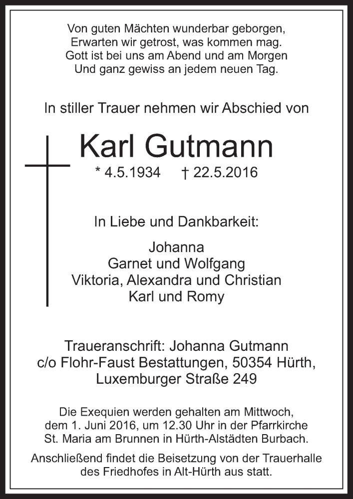  Traueranzeige für Karl Gutmann vom 25.05.2016 aus  Wochenende 