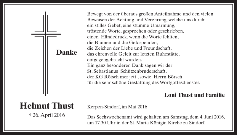  Traueranzeige für Helmut Thust vom 01.06.2016 aus  Werbepost 