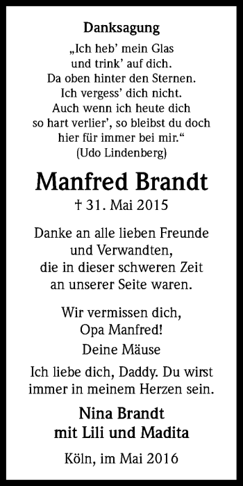Anzeige von Manfred Brandt von Kölner Stadt-Anzeiger / Kölnische Rundschau / Express