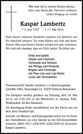 Anzeige von Kaspar Lambertz von Kölner Stadt-Anzeiger / Kölnische Rundschau / Express