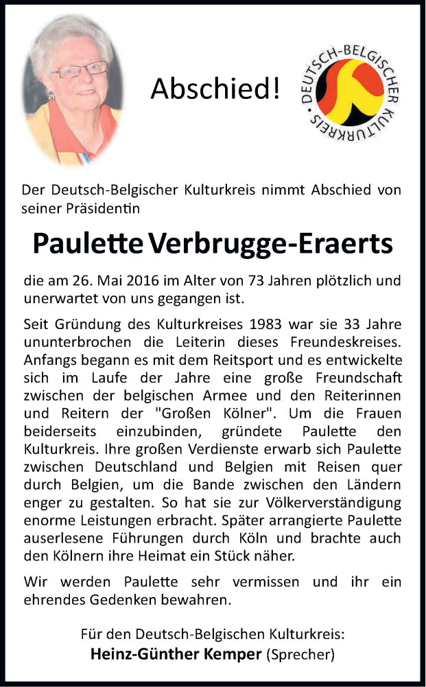  Traueranzeige für Paulette Verbrugge-Eraerts vom 01.06.2016 aus Kölner Stadt-Anzeiger / Kölnische Rundschau / Express