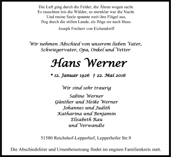 Anzeige von Hans Werner von Kölner Stadt-Anzeiger / Kölnische Rundschau / Express