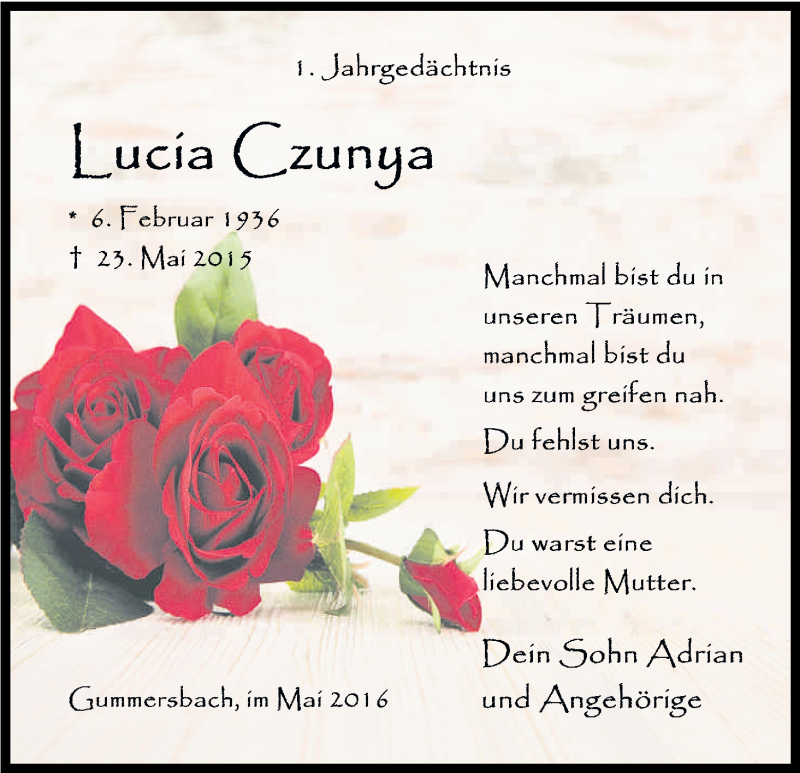  Traueranzeige für Lucia Czunya vom 23.05.2016 aus Kölner Stadt-Anzeiger / Kölnische Rundschau / Express