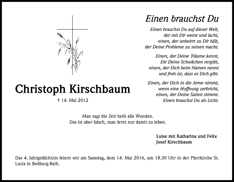  Traueranzeige für Christoph Kirschbaum vom 07.05.2016 aus Kölner Stadt-Anzeiger / Kölnische Rundschau / Express