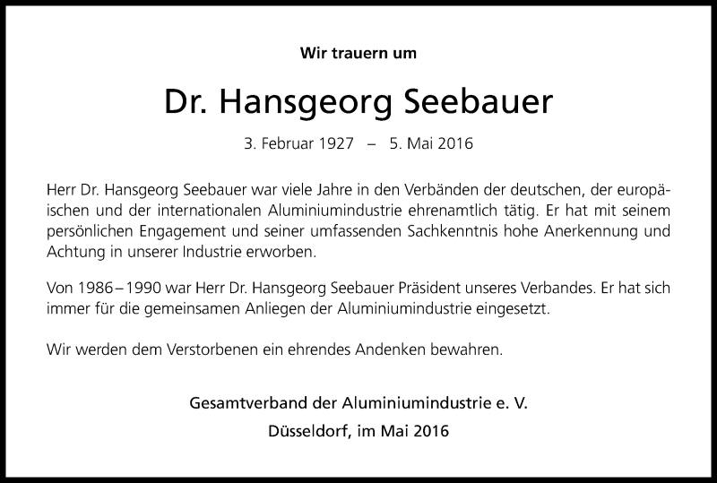  Traueranzeige für Hansgeorg Seebauer vom 14.05.2016 aus Kölner Stadt-Anzeiger / Kölnische Rundschau / Express