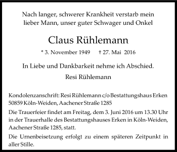 Anzeige von Claus Rühlemann von Kölner Stadt-Anzeiger / Kölnische Rundschau / Express