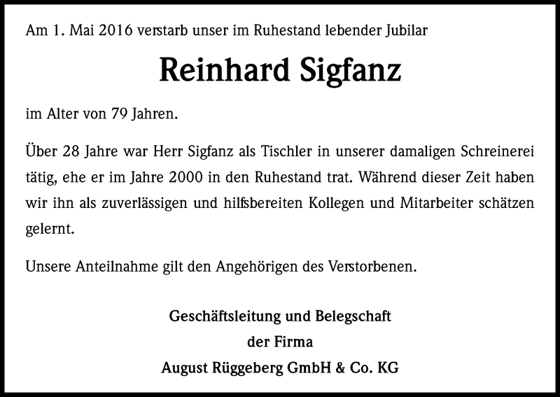  Traueranzeige für Reinhard Sigfanz vom 11.05.2016 aus Kölner Stadt-Anzeiger / Kölnische Rundschau / Express