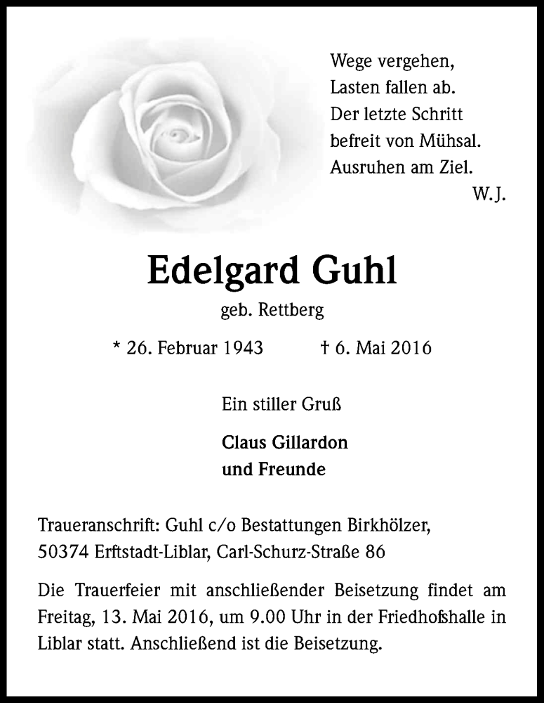  Traueranzeige für Edelgard Guhl vom 12.05.2016 aus Kölner Stadt-Anzeiger / Kölnische Rundschau / Express