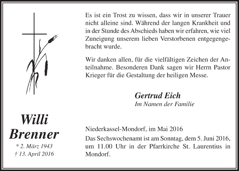  Traueranzeige für Willi Brenner vom 01.06.2016 aus  Extra Blatt 