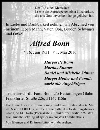 Anzeige von Alfred Bonn von  Kölner Wochenspiegel 