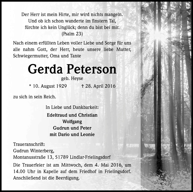  Traueranzeige für Gerda Peterson vom 30.04.2016 aus Kölner Stadt-Anzeiger / Kölnische Rundschau / Express