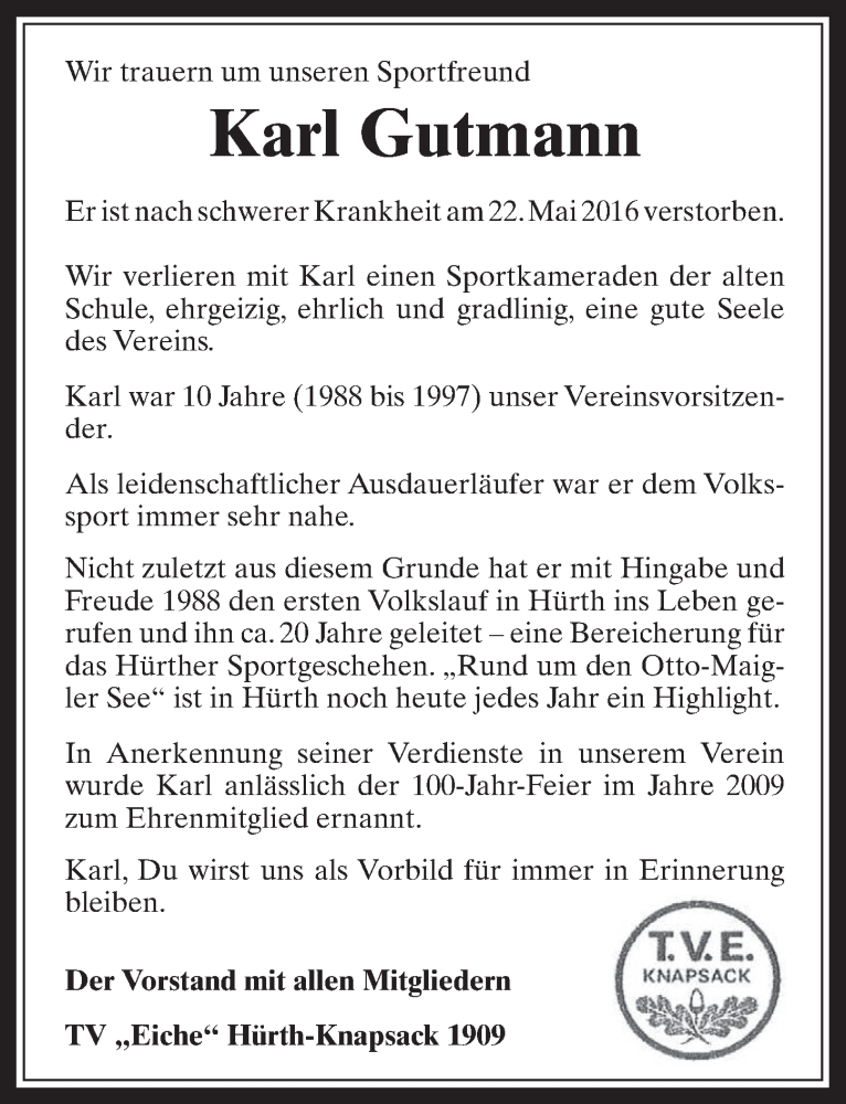  Traueranzeige für Karl Gutmann vom 01.06.2016 aus  Wochenende 