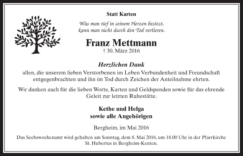  Traueranzeige für Franz Mettmann vom 04.05.2016 aus  Werbepost 
