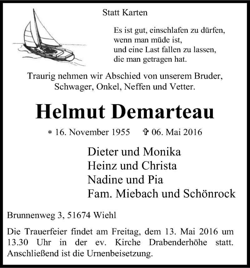  Traueranzeige für Helmut Demarteau vom 11.05.2016 aus Kölner Stadt-Anzeiger / Kölnische Rundschau / Express